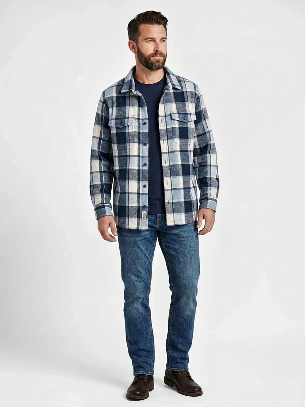 Boston Traders Plaid Button‑Up Jacket – Blue & Cream, Size Large